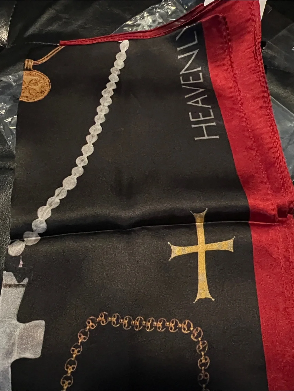 NWT The Met Black and Burgundy 100% Silk Decorative Cross Scarf - Picture 4 of 9